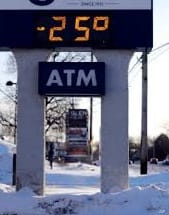 Freezing temperature posted at Aurora bank sign